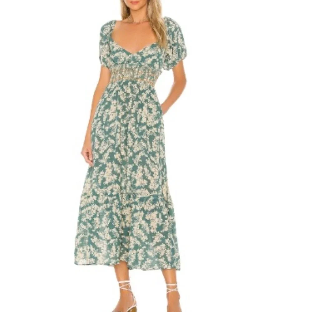 Free People Ellie Midi Short Sleeve Floral Smocked Waist Dress Small